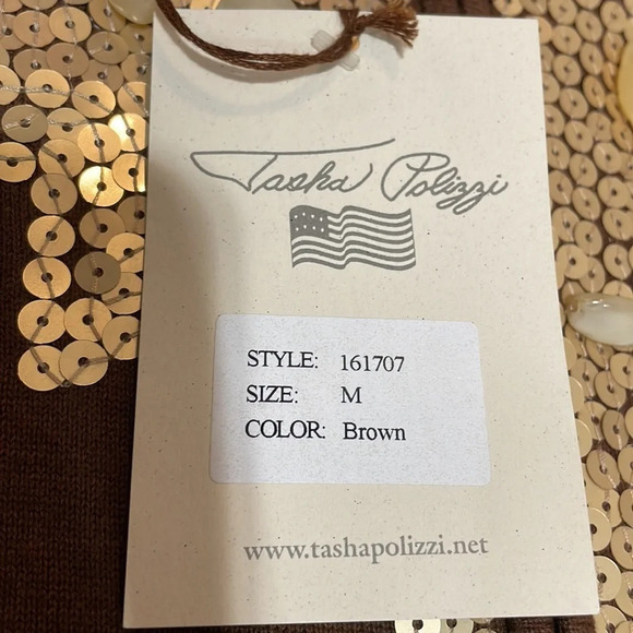NWT Tasha Polizzi Brown Zip Front Cardigan Gold Sequin Stone Bead Detail… - Picture 12 of 16